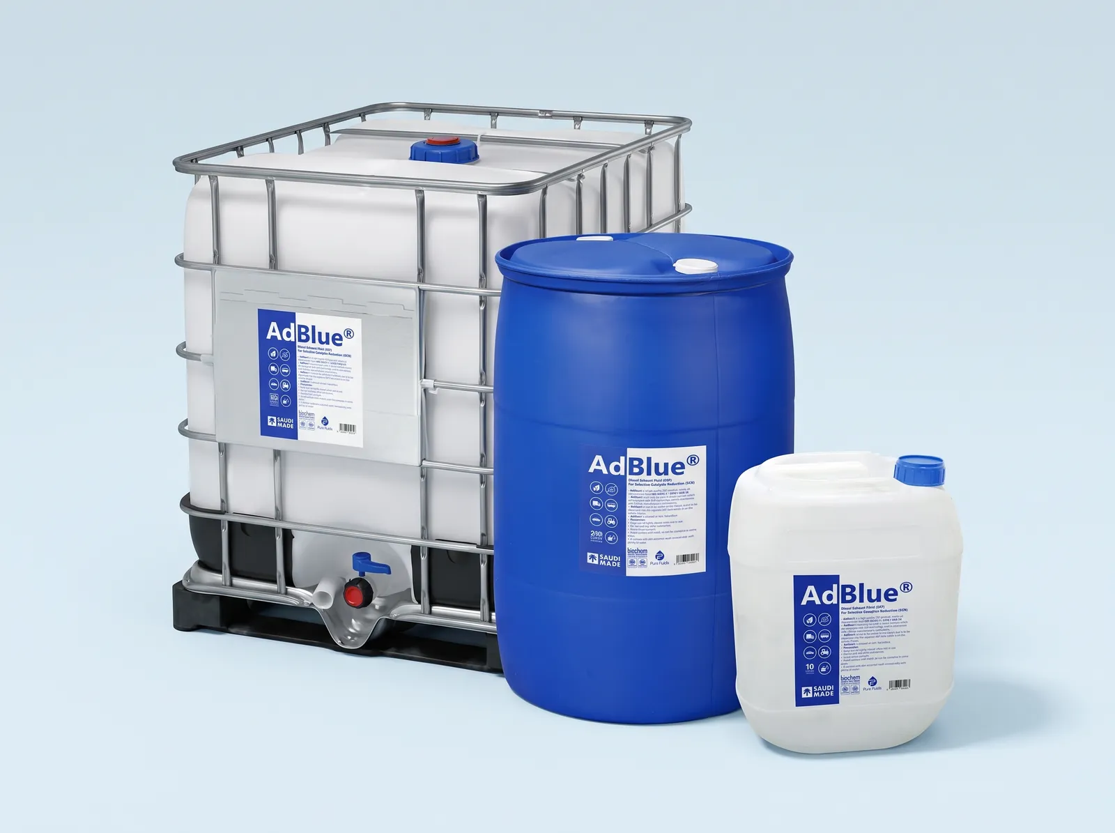 AdBlue® by Biochem range: 1000 L IBC tank, 200 L drum and 10 L jerry can