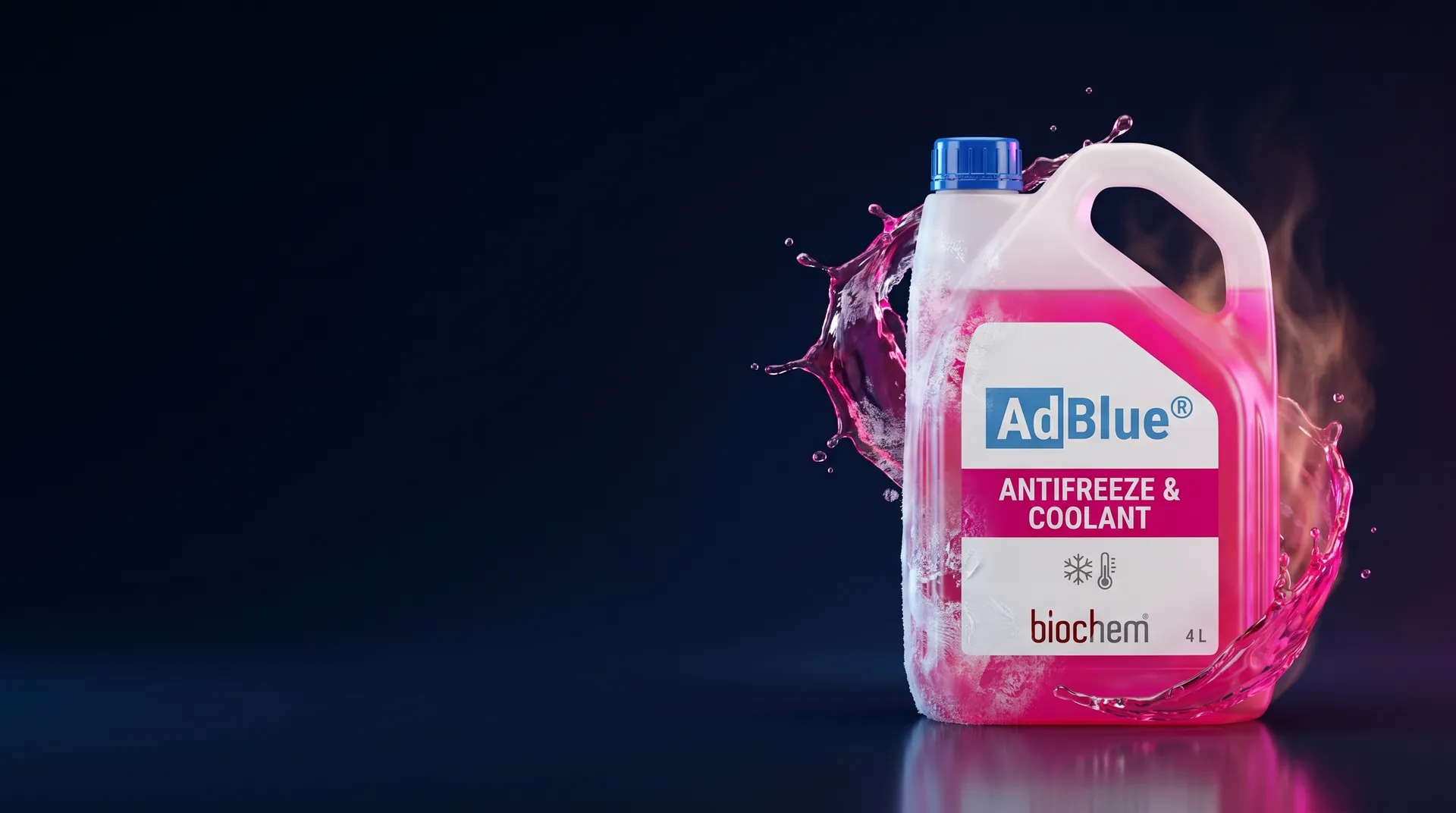 AdBlue® Antifreeze & Coolant 4 L jug with a pink coolant splash, frost on one side and heat on the other