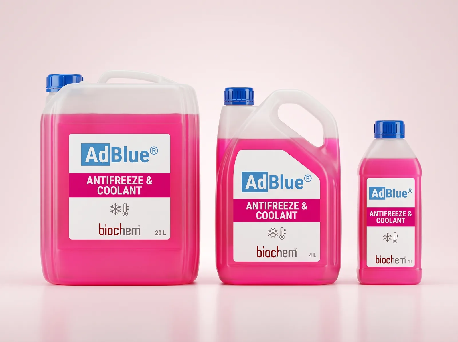 AdBlue® Antifreeze & Coolant 20 L jerry can, 4 L jug and 1 L bottle with pink coolant