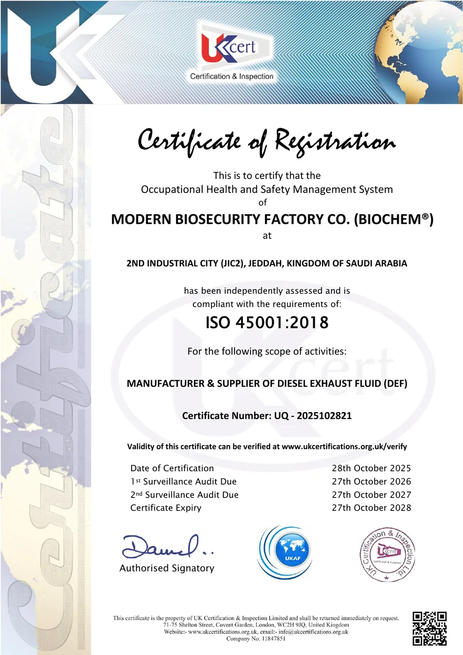 ISO 45001:2018 certificate of Modern Biosecurity Factory Co. (Biochem)