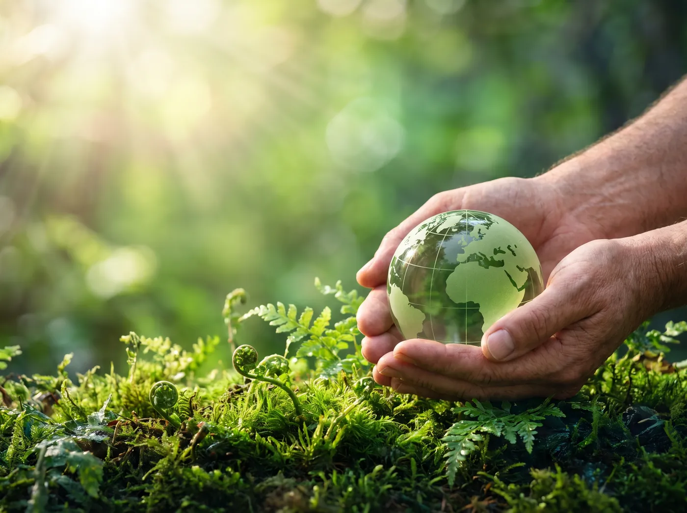 Hands holding a glass globe over green moss and ferns