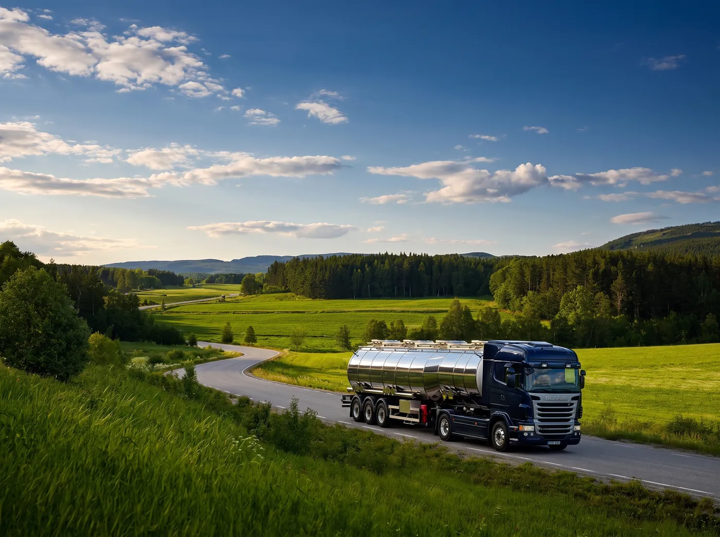 Tanker truck on a winding country road through green hills